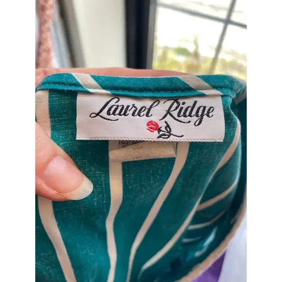 Vintage 1980s teal striped dress sailor collar cotton 80s style large retro 38 - Picture 2 of 9